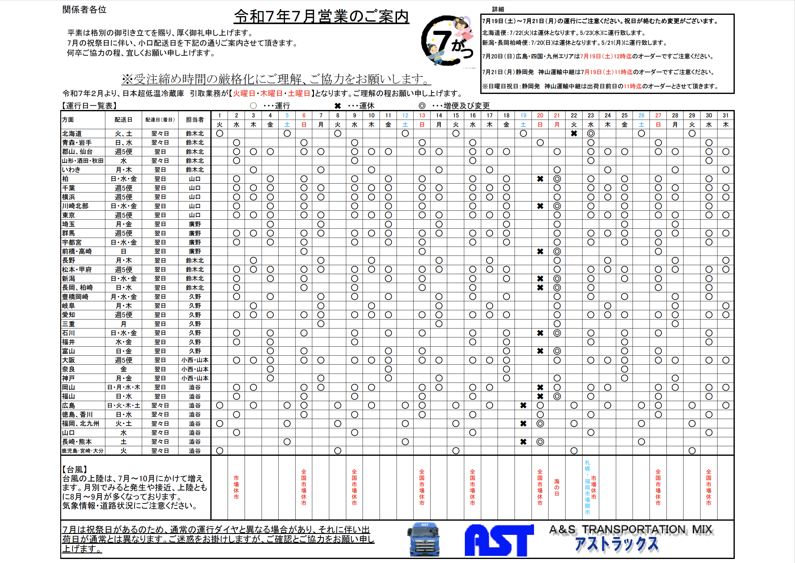 7月の運行表