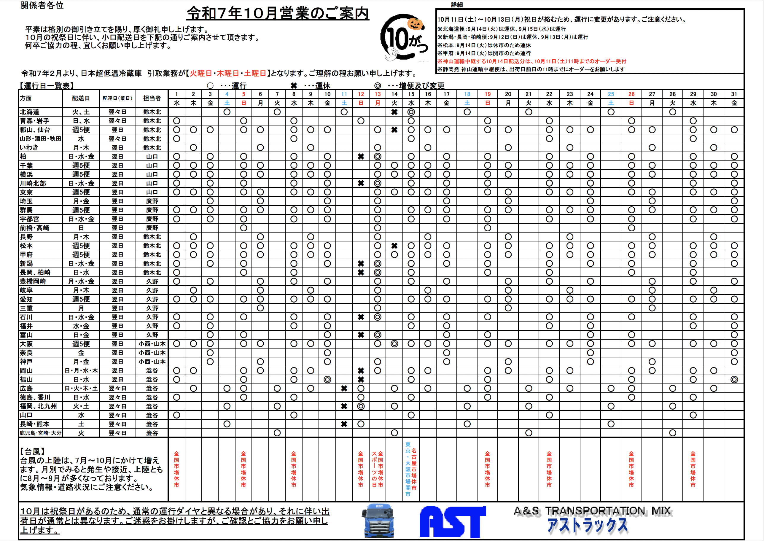 10月の運行表
