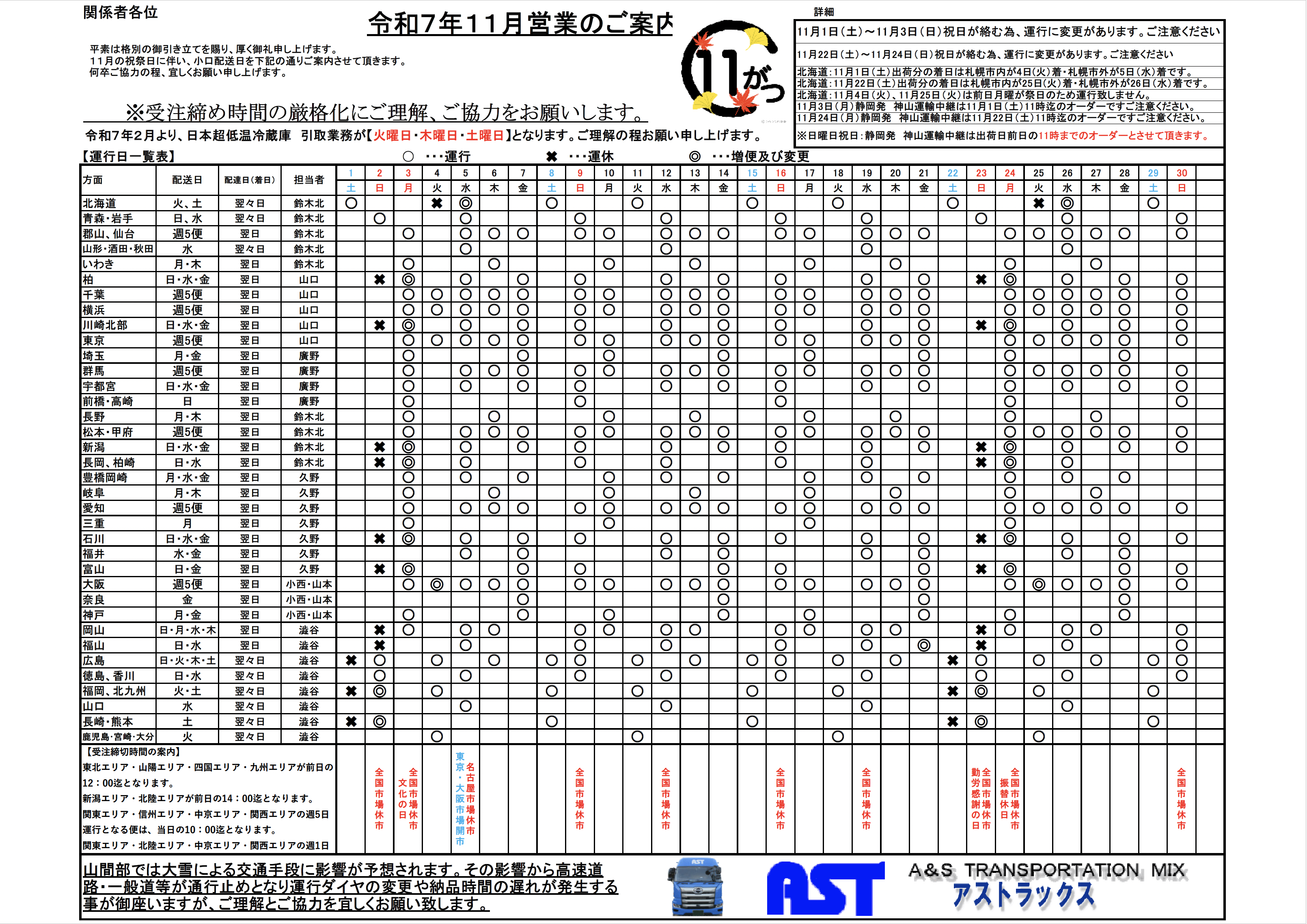 11月の運行表