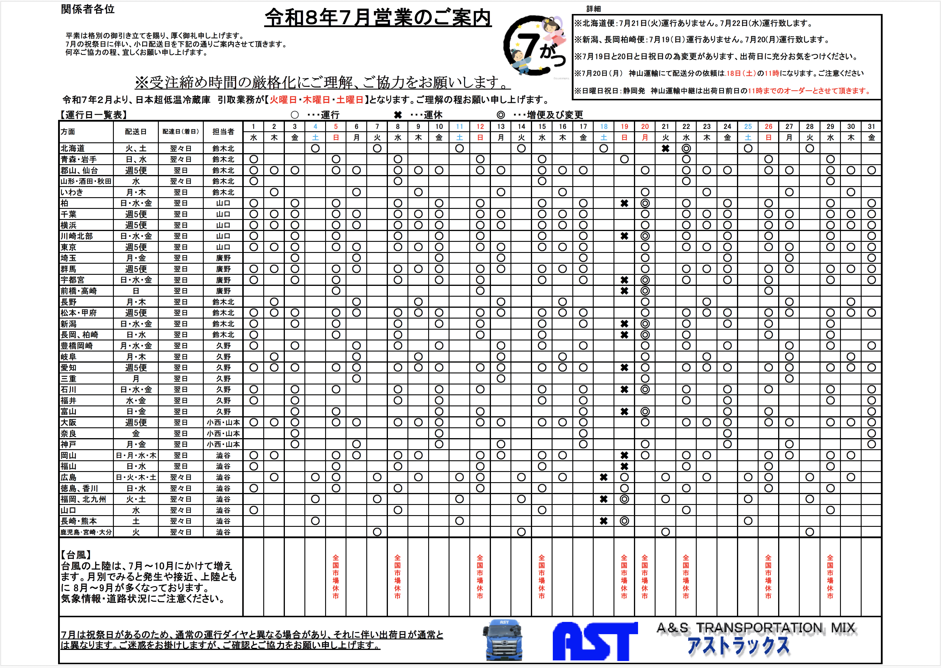 7月の運行表